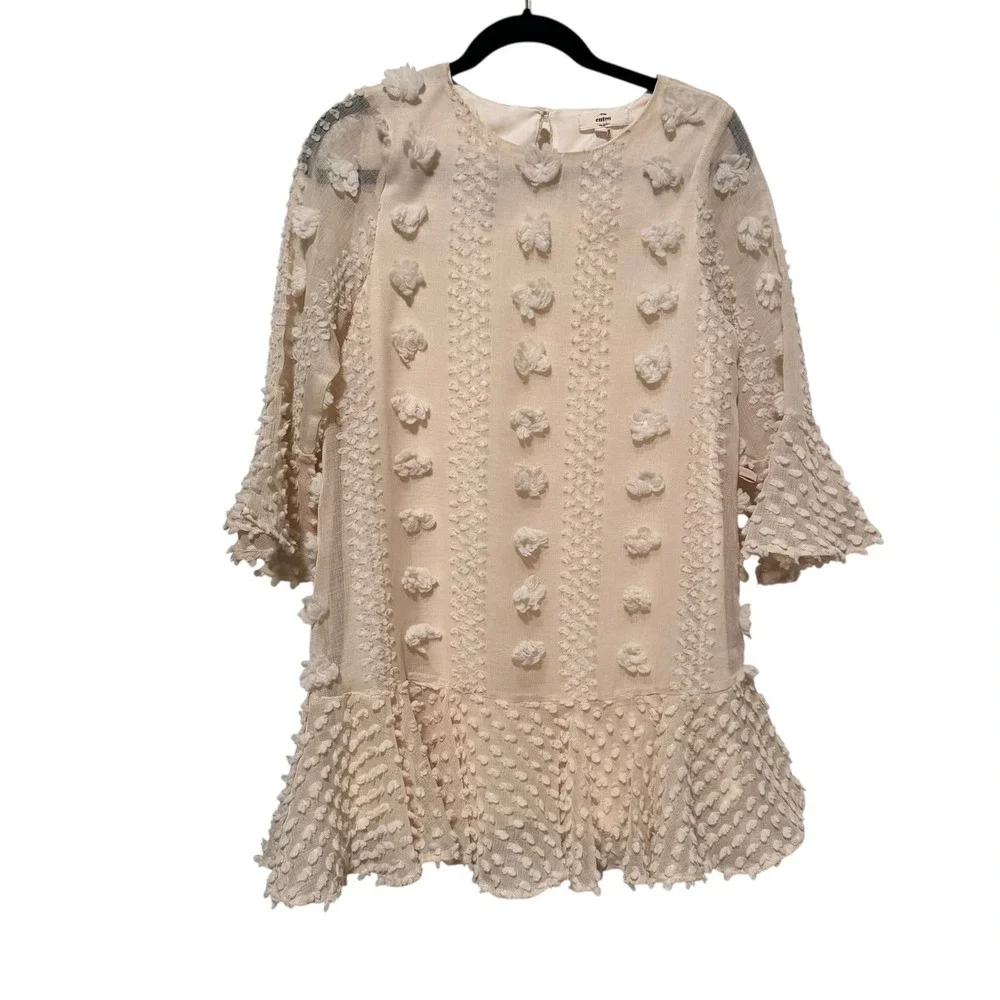 Entro Textured Bell Sleeve Dress Pom Pom Cream Short Mini Size S Boho Whimsical - Picture 2 of 10
